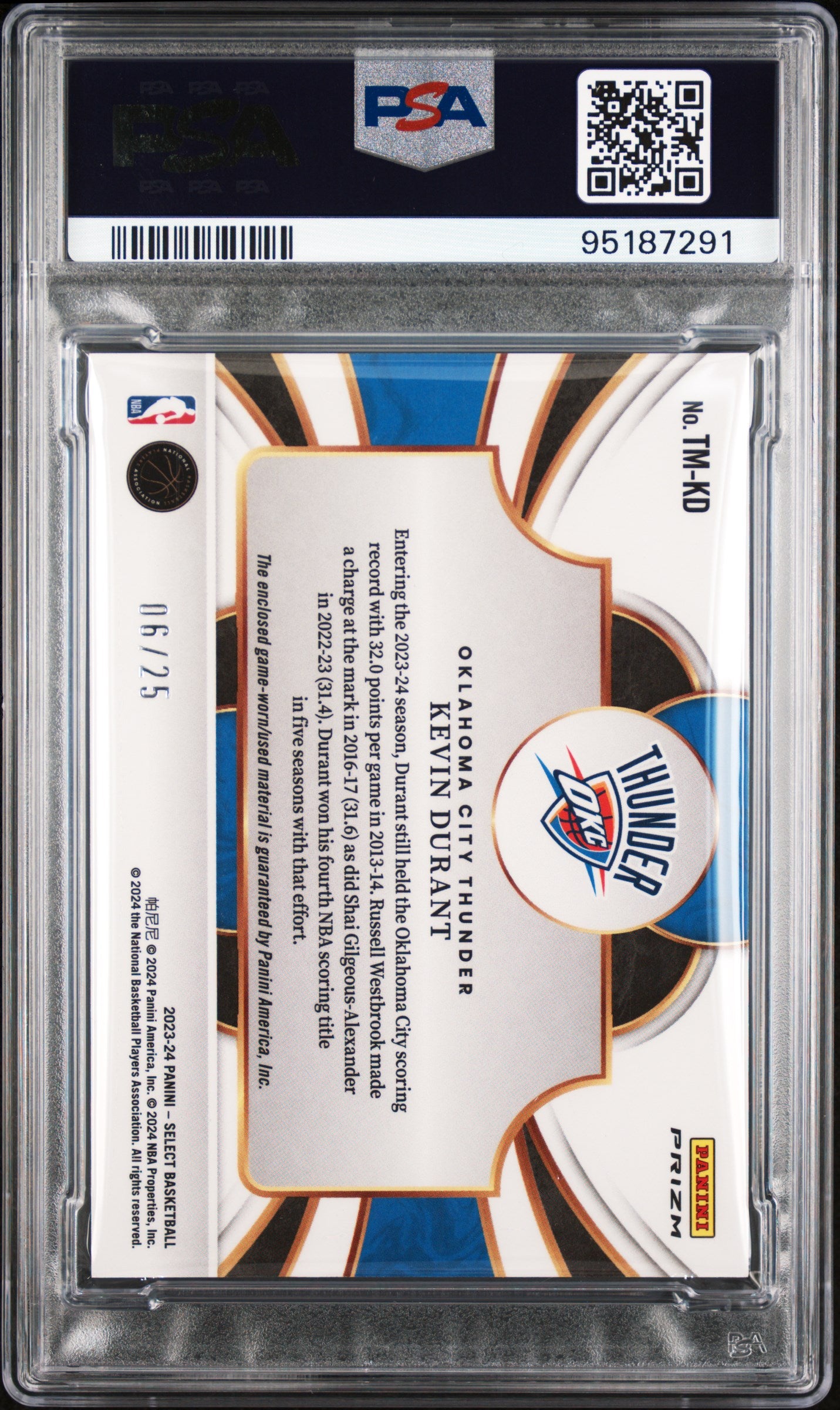 SELECT PSA 10 (POP 1) #TM-KD Kevin Durant Memorabilia  #/25 Tie-Dye Prizms