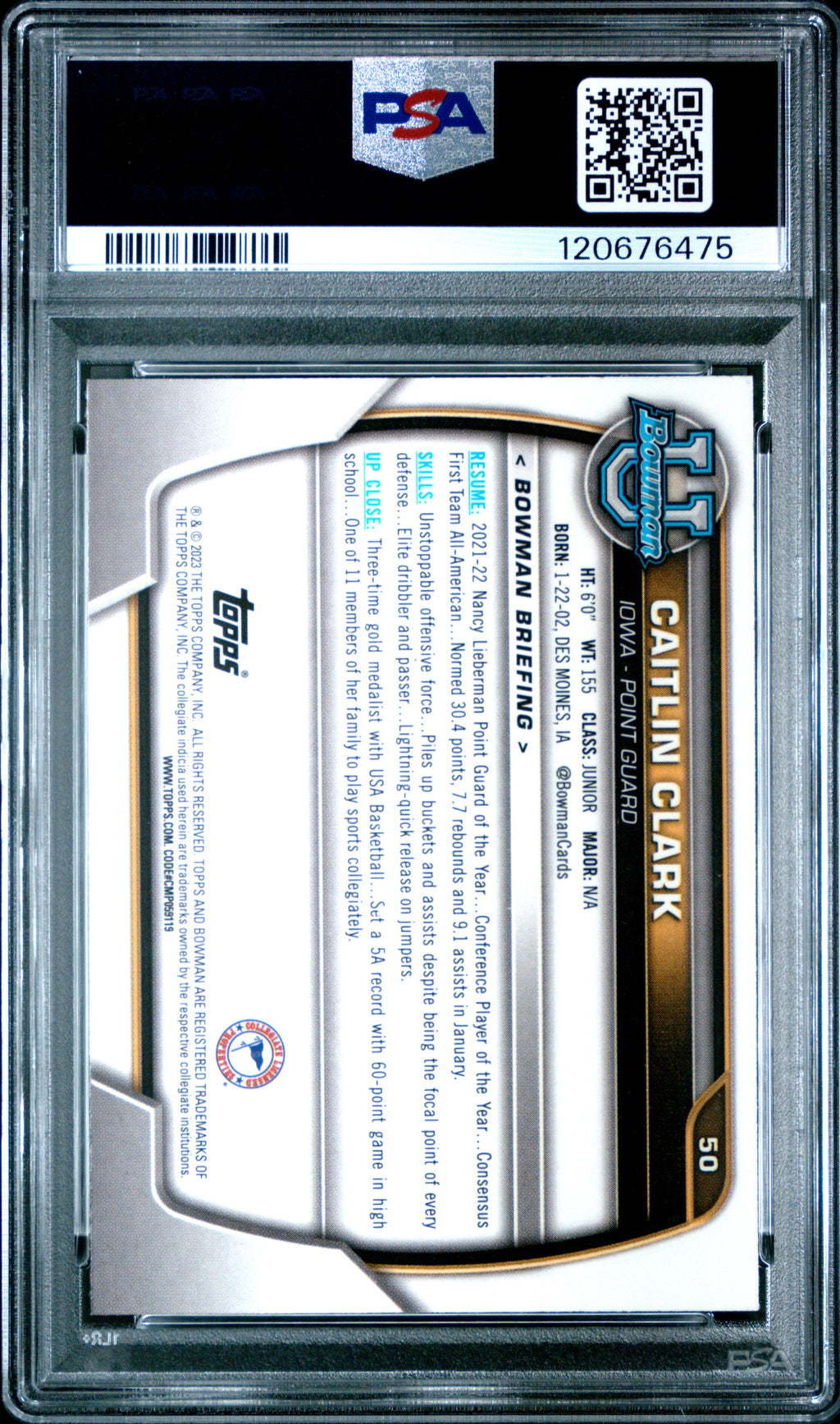 2022-23 Bowman University Chrome #50 Caitlin Clark PSA 9