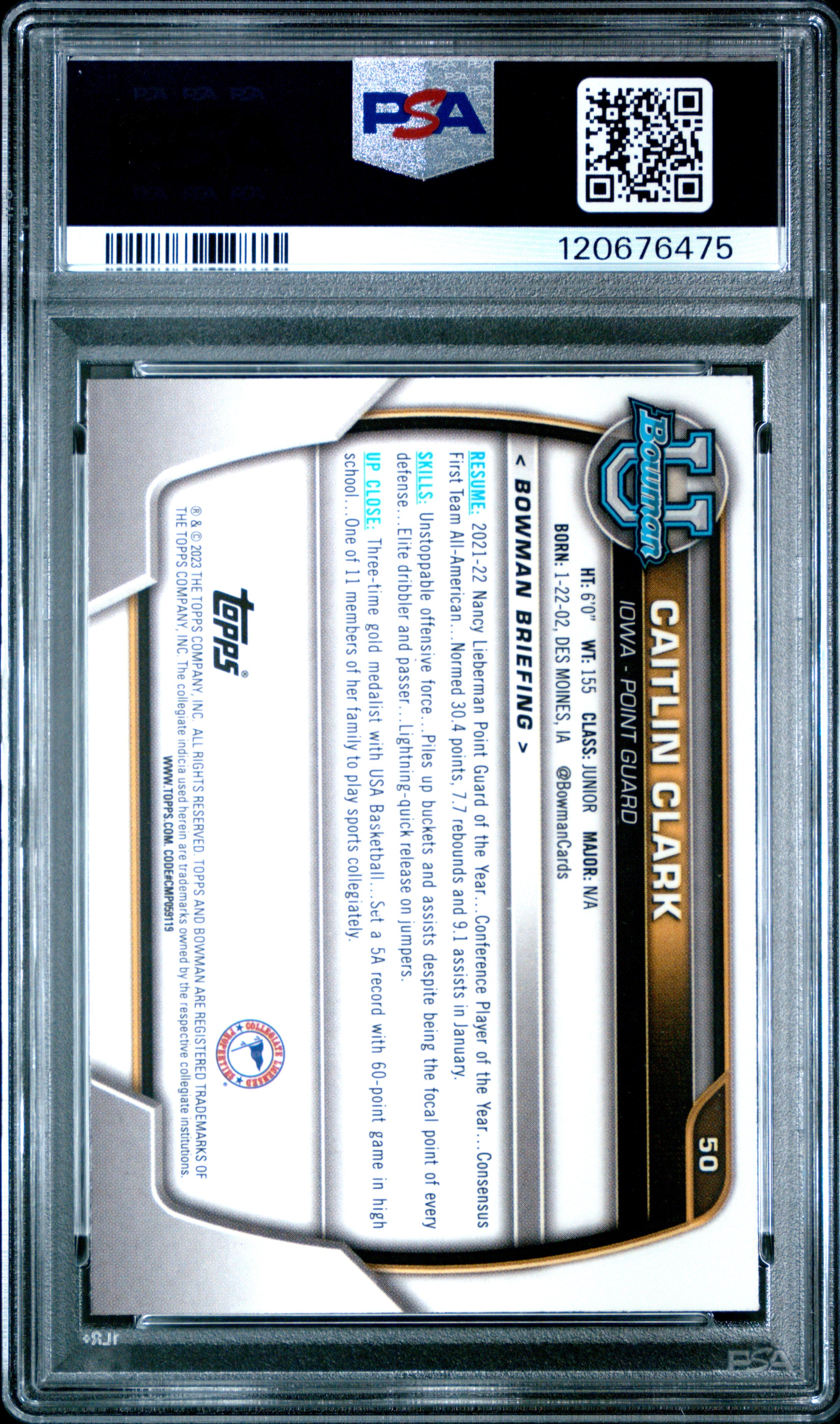 2022-23 Bowman University Chrome #50 Caitlin Clark PSA 9