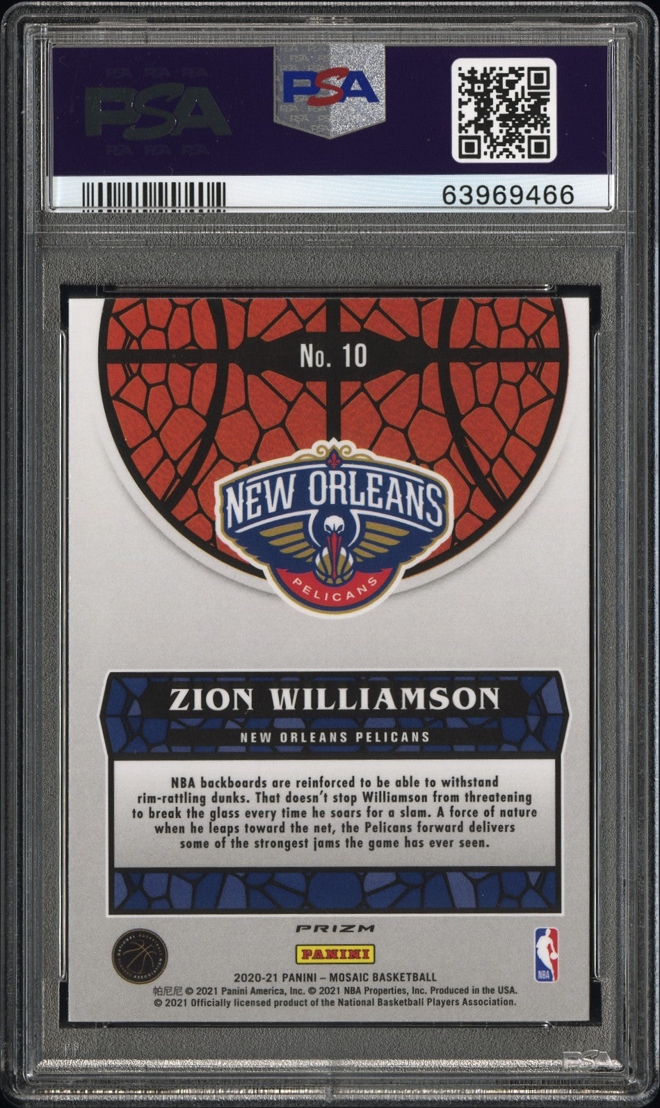 2020-21 Panini Mosaic #10 Zion Williamson Stained Glass PSA 9