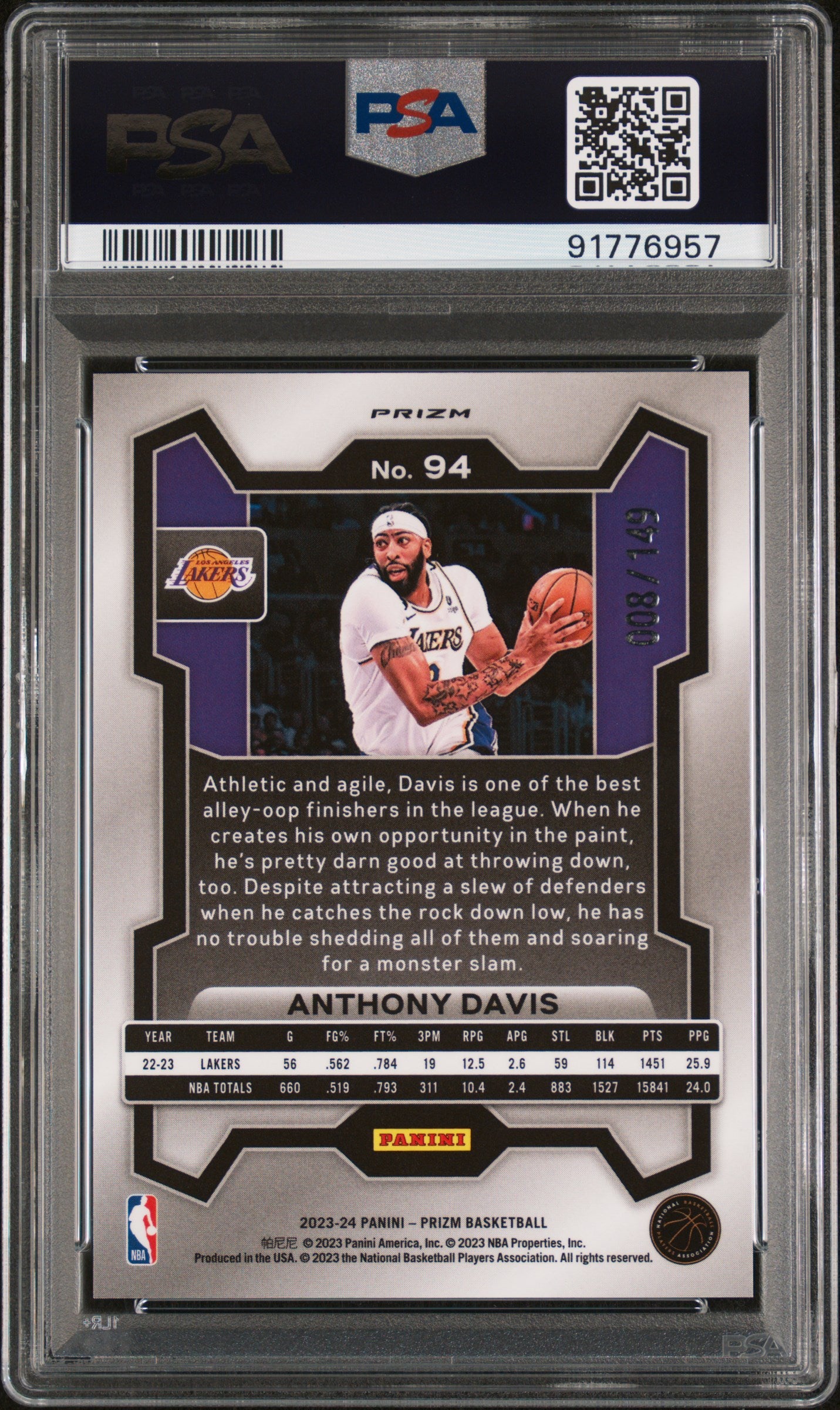 2023-24 Panini Prizm #94 Anthony Davis Prizms Purple Ice PSA 10 #/149