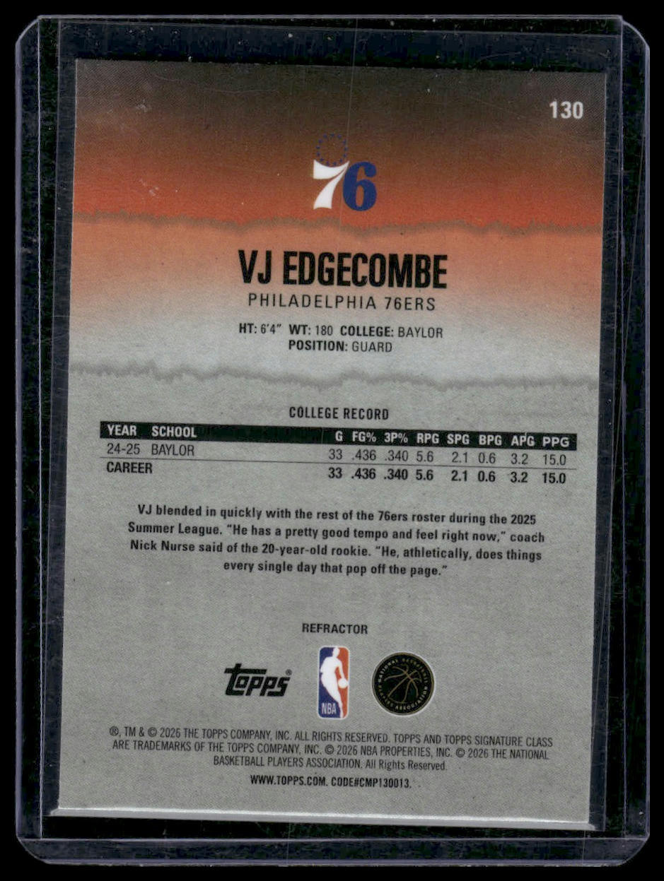 2025-26 Topps Signature Class #130 VJ Edgecombe Chrome Refractors