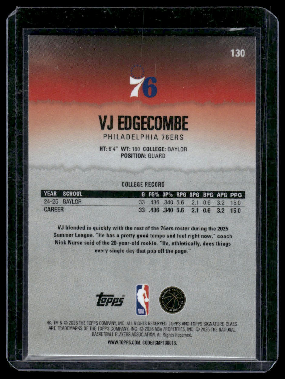 2025-26 Topps Signature Class #130 VJ Edgecombe Chrome Pandora Yellow Refractors