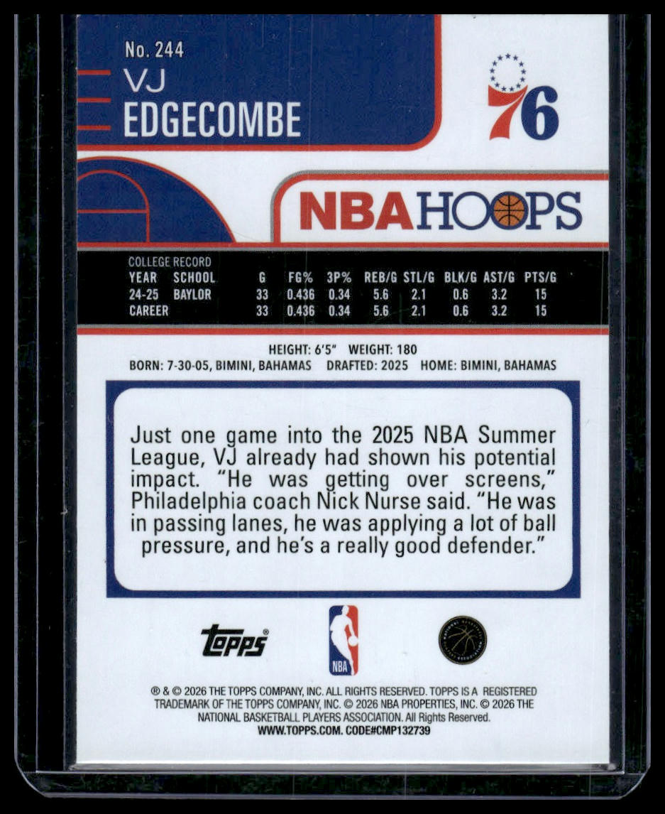 2025-26 Hoops #244 VJ Edgecombe Green Hoops