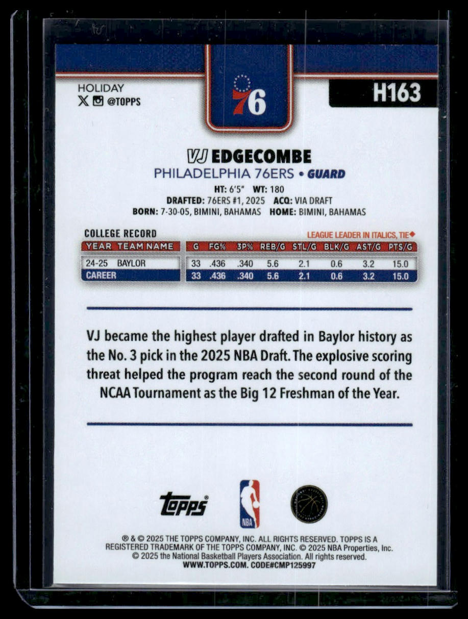 2025-26 Topps Holiday #H163 VJ Edgecombe