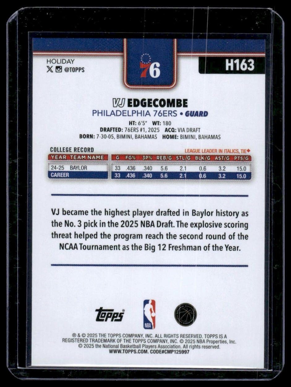 2025-26 Topps Holiday #H163 VJ Edgecombe Plaid